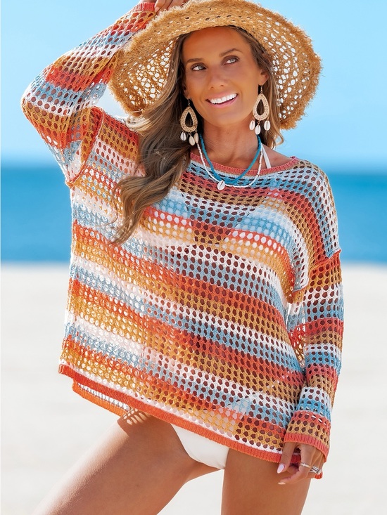Cupshe Other - Beach Knit Cover-Up Sweater in Orange, Blue & White